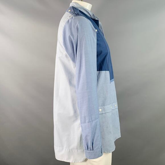NEEDLES L Blue Light Blue Patchwork Deconstructed Cotton Blend Long Sleeve Shirt - Picture 4 of 10